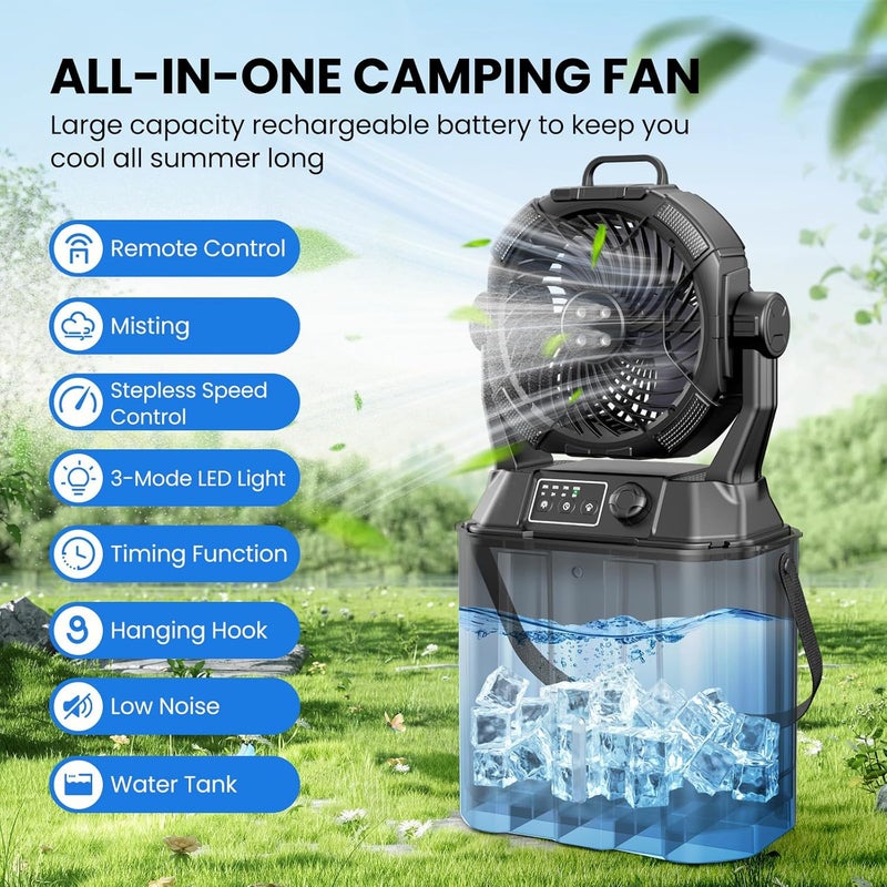 Wilody Portable Misting Fan 42800mAH Rechargeable with Remote Control, 6L Bucket Camping Fan with LED Lights & Stepless Speed Control & Cooling Mist, Portable Handle & Rotate Hook, Timer Function - Image 2